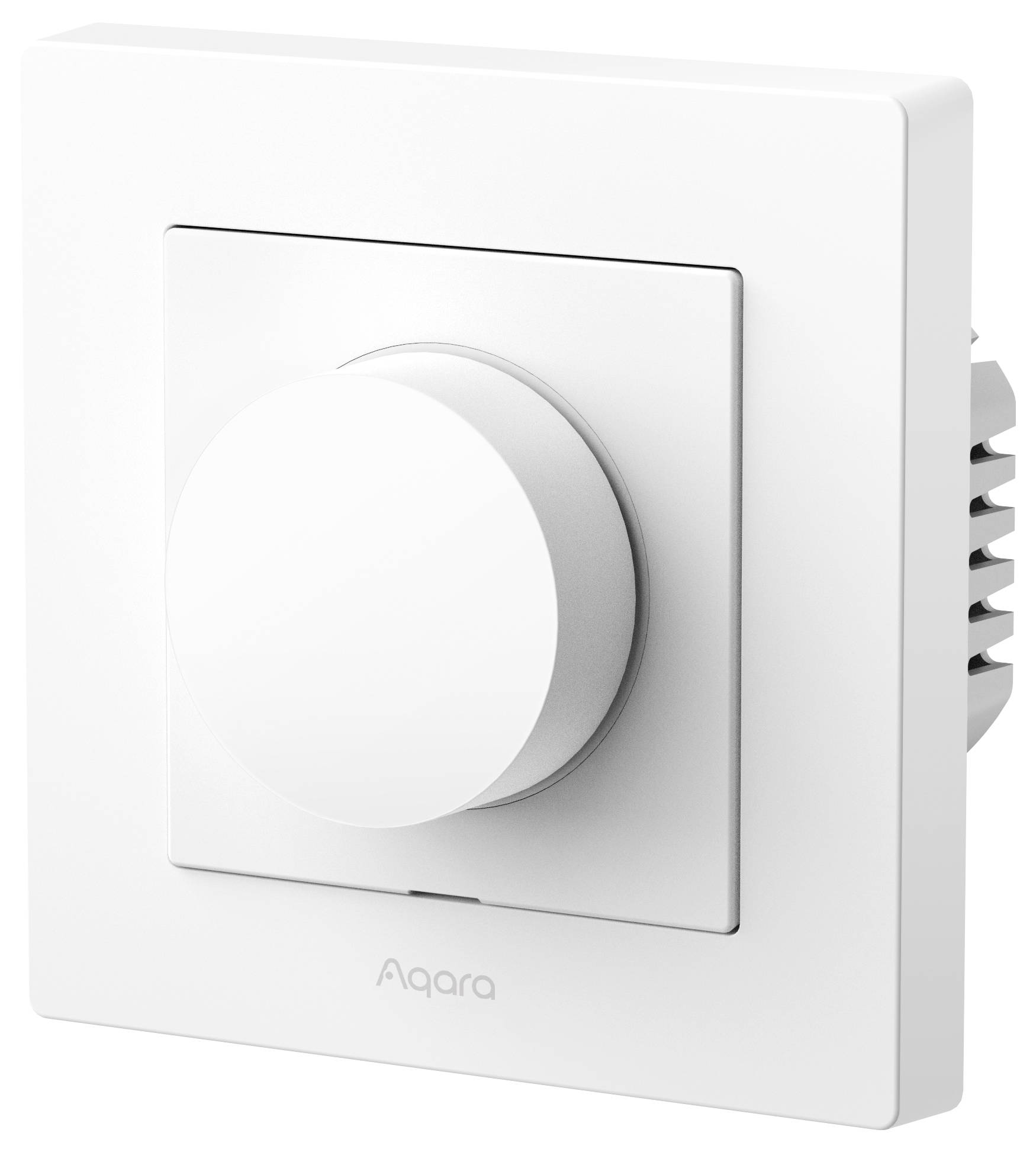 Ein quadratischer weißer Wandschalter mit einem zentralen Drehknopf, mit der Aufschrift 'Aqara', entwickelt zur Steuerung von Smart-Home-Geräten.