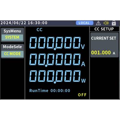 Auf dem Bildschirm 'CC SETUP' wird 'CURRENT SET' als '001.000 A' angezeigt. Andere Kennzahlen zeigen '0' Werte für Spannung, Strom und Leistung. 'RunTime' ist '00:00:00'.