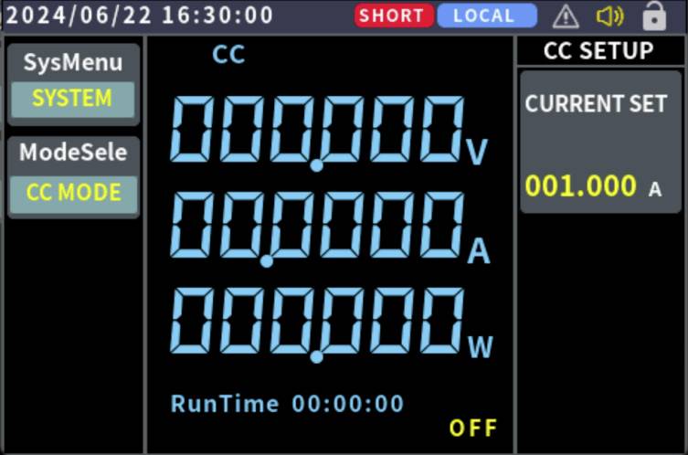Bildschirm des Geräts zeigt Spannungs-, Strom- und Wattzahlenwerte als Nullen. ‚CURRENT SET' zeigt ‚001.000 A'. ‚RunTime 00:00:00 AUS.'