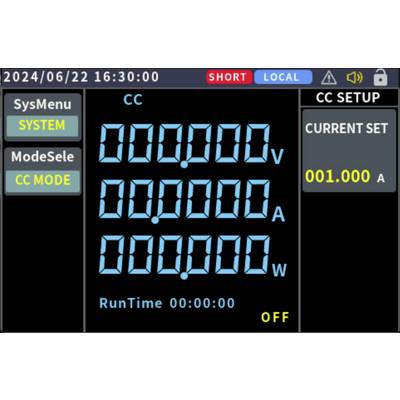 Bildschirm des Geräts zeigt Spannungs-, Strom- und Wattzahlenwerte als Nullen. ‚CURRENT SET' zeigt ‚001.000 A'. ‚RunTime 00:00:00 AUS.'