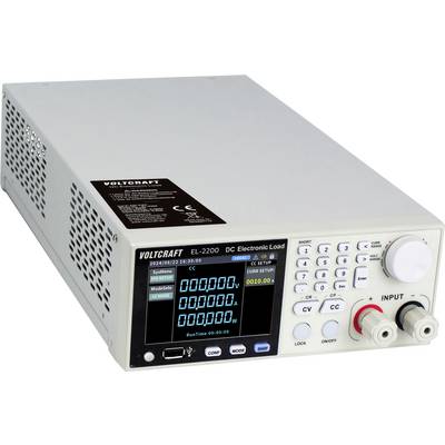 Ein Voltmeter mit der Bezeichnung "Voltcraft EL-2200 DC Electronic Load" zeigt Messungen auf einem Display und verfügt über Eingabe- und Steuerungstasten.