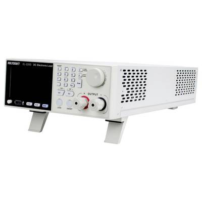 Ein Voltcraft DL-2200 elektronisches Lastgerät mit Steuerungstasten und Drehknöpfen ist leicht nach rechts geneigt und verfügt über Ein-/Ausgangsklemmen.