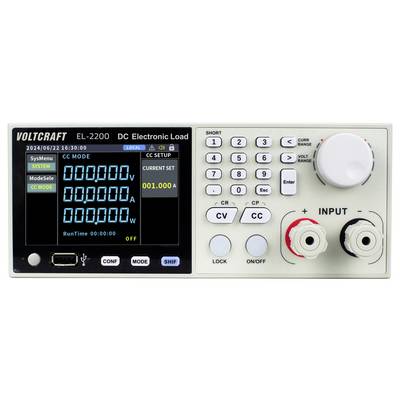 'Voltcraft EL-2200 DC elektronische Last mit digitaler Anzeige, Tasten zur Einstellungssteuerung und Eingangsklemmen zur Leistungsmessung.'