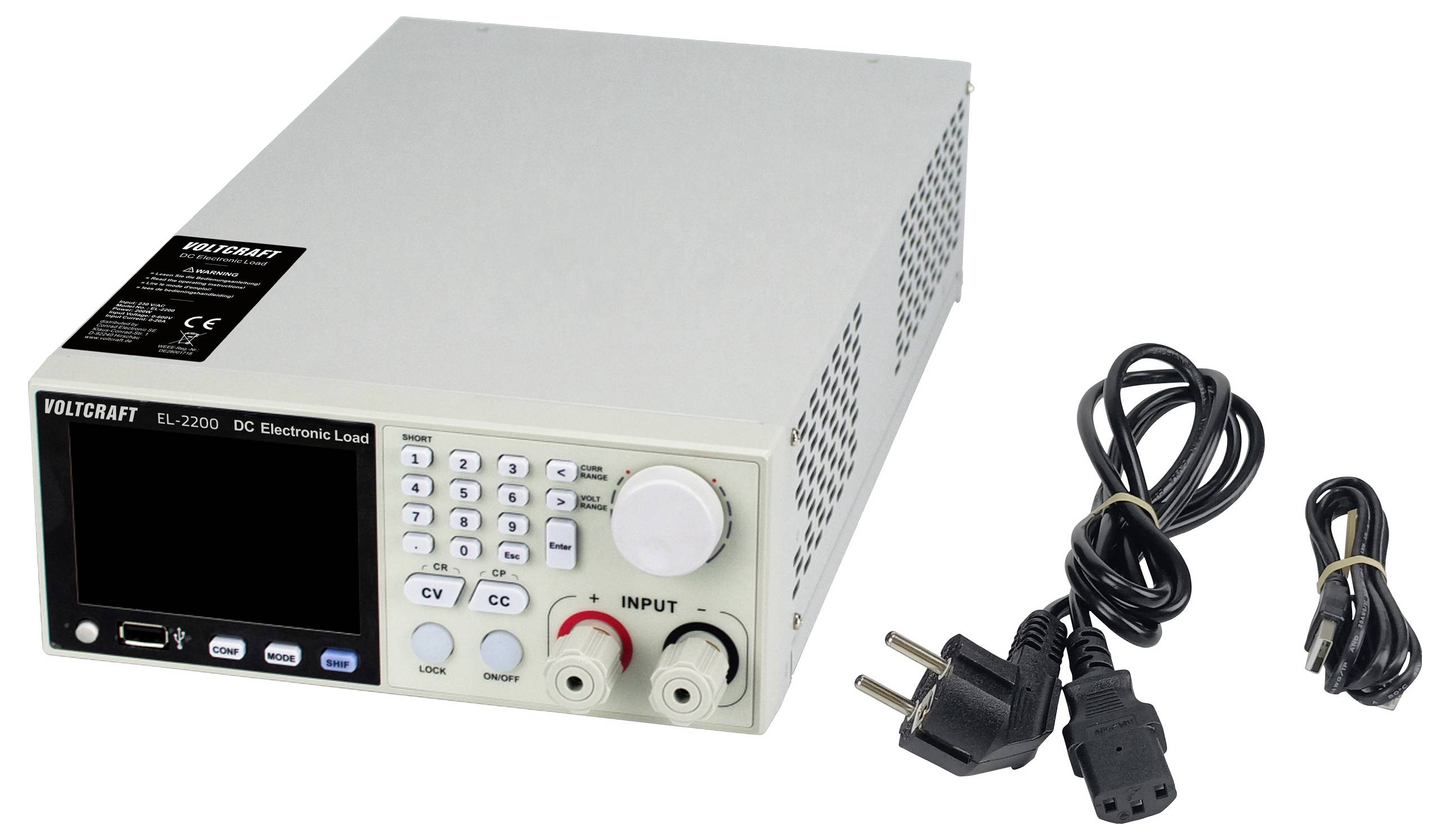 Gleichstrom-Elektronische Lastvorrichtung mit Display, Tasten und Eingangsklemmen, dargestellt mit Stromkabeln, zur Prüfung und Messung elektrischer Schaltkreise.