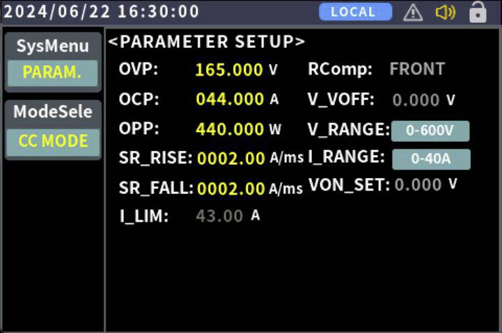 Einstellungsbildschirm "Parametereinstellung" mit folgenden Werten: OVP 165V, OCP 44A, OPP 440W, Rcomp FRONT, mit SR_RISE 4A/ms und SR_FALL 2A/ms.
