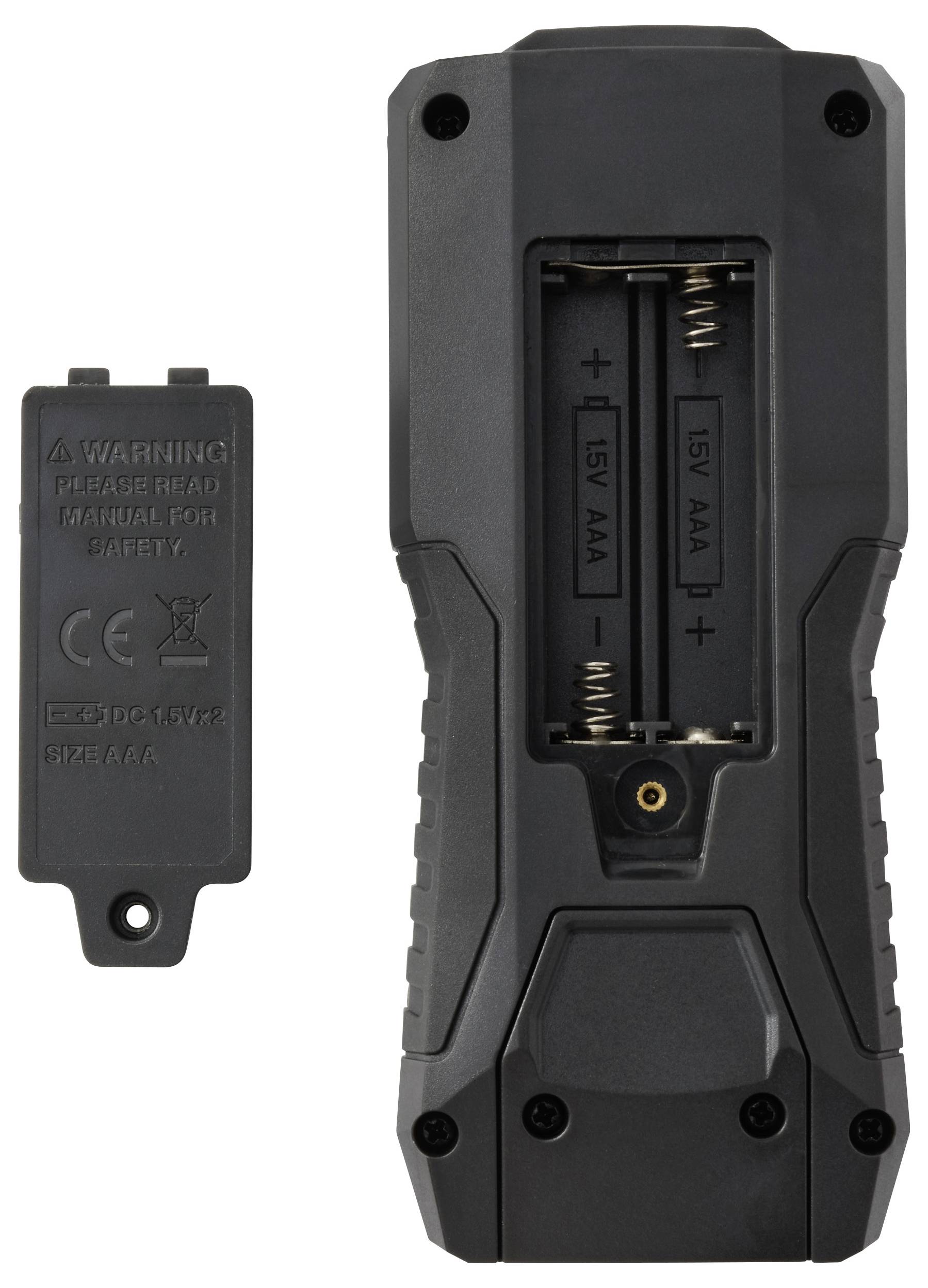 Ein Nahaufnahmebild der Rückseite eines elektronischen Geräts, das das Batteriefach mit Platz für zwei AAA-Batterien zeigt, wobei der Deckel entfernt ist und Sicherheitshinweise freigelegt werden.