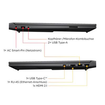 Seitenansichten eines Laptops mit beschrifteten Anschlüssen: oben 2× USB Typ-A, Kopfhörer-/Mikrofonbuchse; unten 1× USB Typ-C, RJ-45, HDMI 2.1.