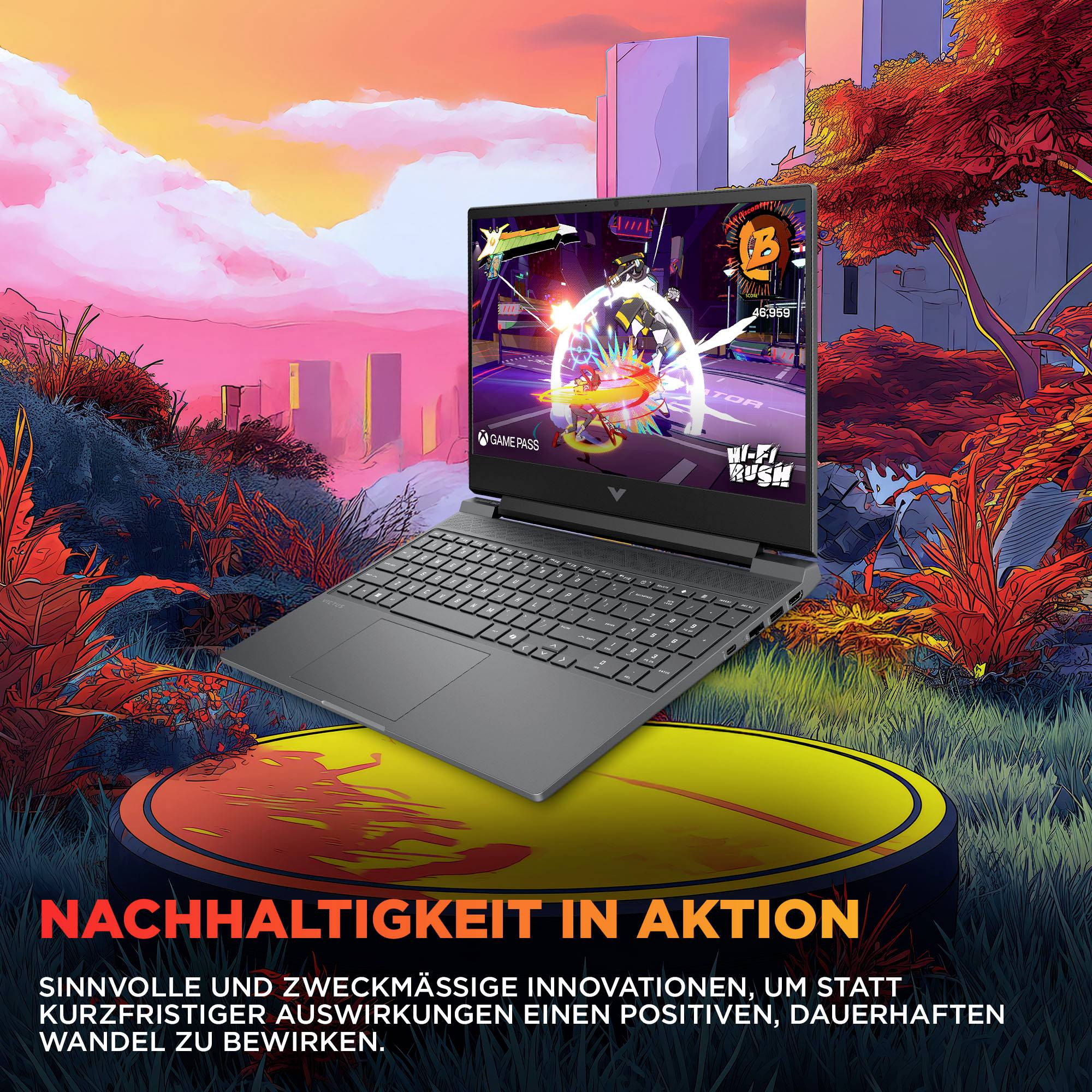 Ein Laptop zeigt ein Videospiel mit leuchtenden Farben auf seinem Bildschirm. Text: 'Nachhaltigkeit in Aktion' und eine Beschreibung von Innovationen.
