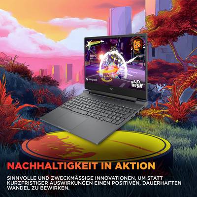 Ein Laptop zeigt ein Videospiel mit leuchtenden Farben auf seinem Bildschirm. Text: 'Nachhaltigkeit in Aktion' und eine Beschreibung von Innovationen.