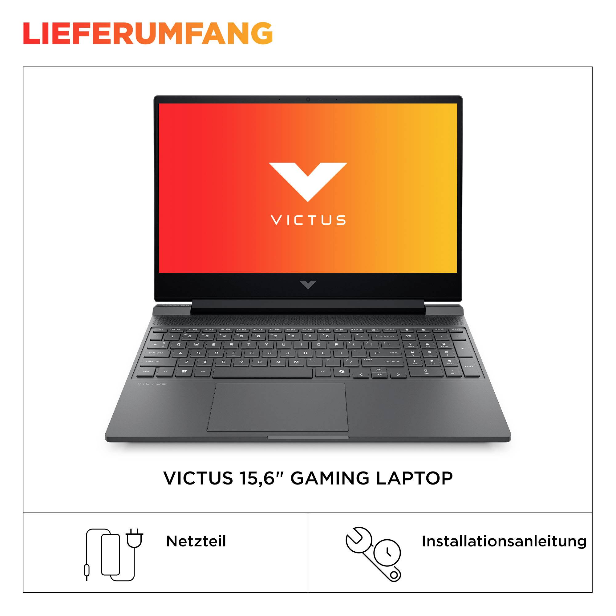 'Lieferumfang' zeigt einen Laptop mit der Aufschrift 'VICTUS', zusammen mit Netzteil und Installationsanleitung.