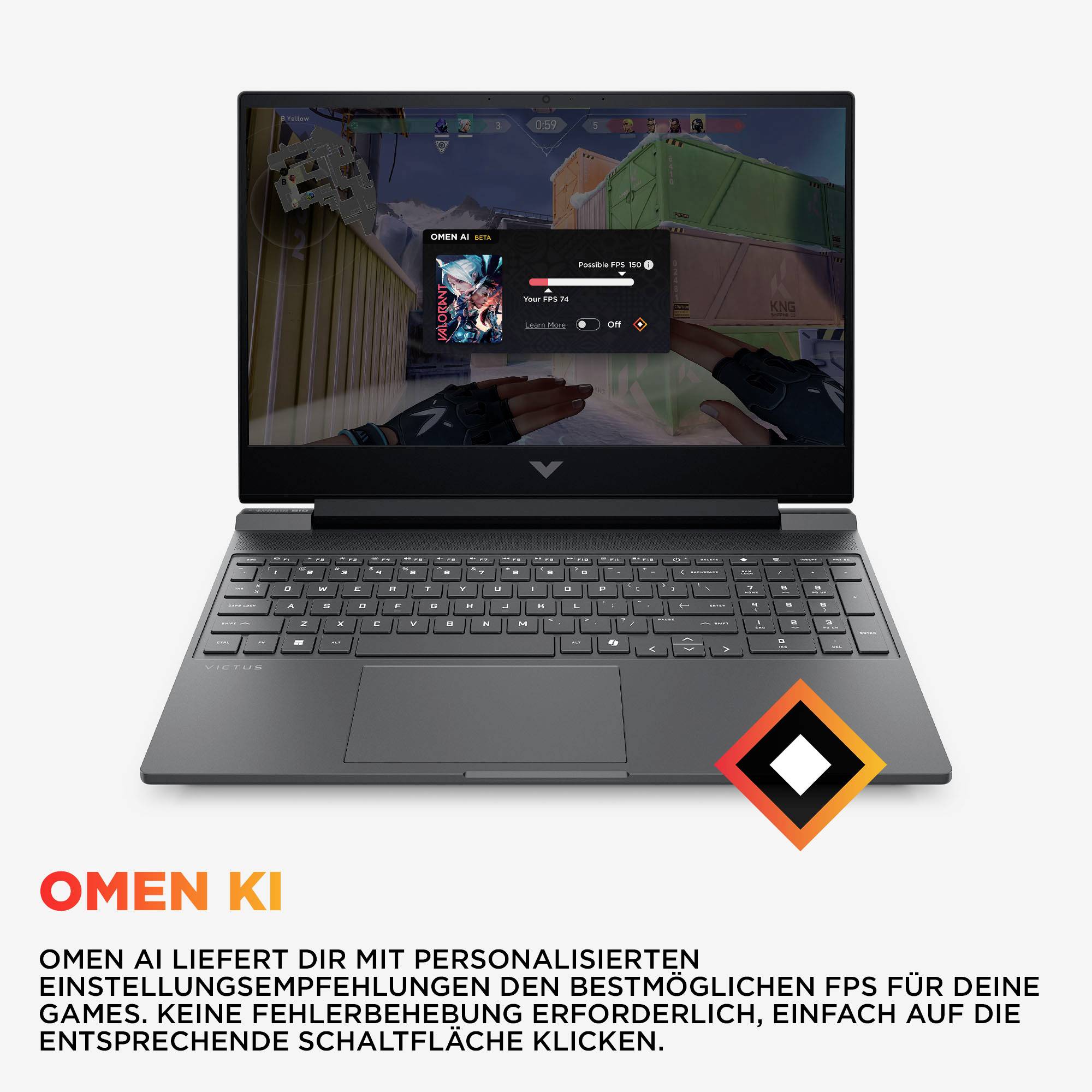 Laptop zeigt Spieloberfläche mit Performance-Einstellungen auf dem Bildschirm. Text darunter erklärt, dass personalisierte Empfehlungen für optimale FPS ohne Fehlerbehebung erstellt werden.