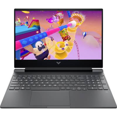 Ein schwarzer Laptop, der eine bunte, animierte Videospielszene zeigt, in der Charaktere Hindernisse und Rutschen vor einem rosa Himmel bewältigen.