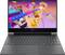 Ein schwarzer Laptop, der eine bunte, animierte Videospielszene zeigt, in der Charaktere Hindernisse und Rutschen vor einem rosa Himmel bewältigen.