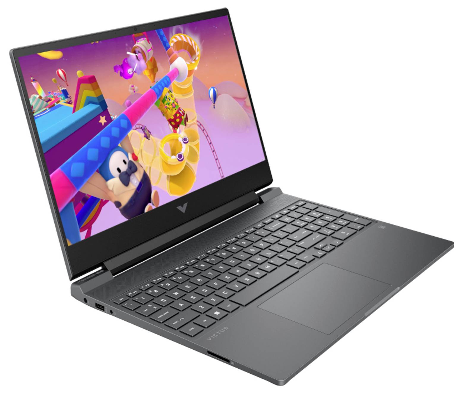 Ein schlanker, schwarzer Laptop mit einem brillanten Display, das eine lebendige Spielszene mit Comicfiguren und leuchtenden Mustern zeigt.