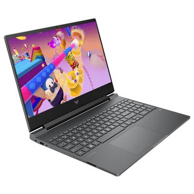Ein schlanker, schwarzer Laptop mit einem brillanten Display, das eine lebendige Spielszene mit Comicfiguren und leuchtenden Mustern zeigt.
