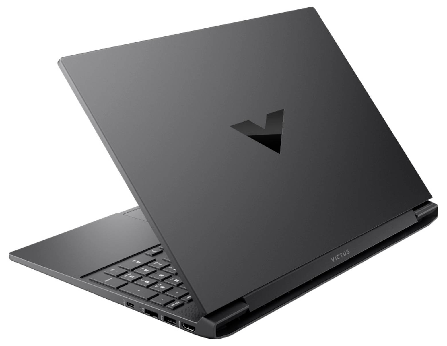 Ein schlanker schwarzer Laptop ist leicht geöffnet und zeigt eine hintergrundbeleuchtete Tastatur. Das Logo ist auf dem Deckel sichtbar und vermittelt ein modernes und professionelles Design.