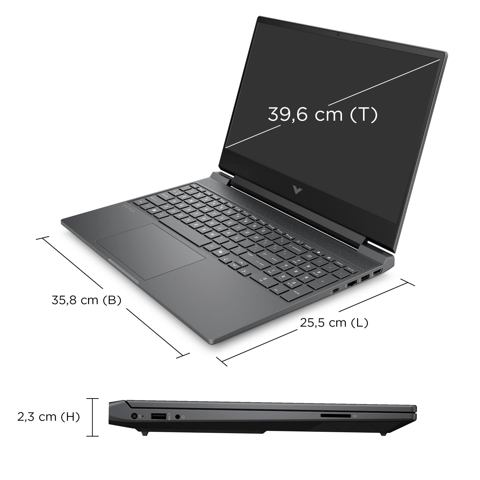 Laptop öffnen mit Bildschirmdiagonale von 39,6 cm, Basisbreite von 35,8 cm, Länge von 25,5 cm und Höhe von 2,3 cm.