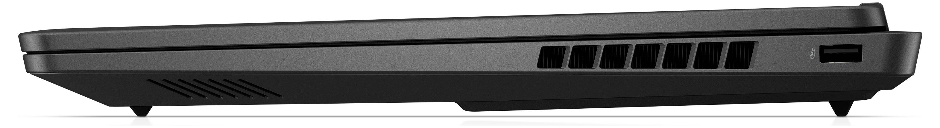 Seitenansicht eines geschlossenen schwarzen Laptops mit Lüftungsgittern und Anschlüssen an der Seite.