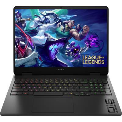 Ein Gaming-Laptop, auf dessen Bildschirm 'League of Legends' zu sehen ist, mit verschiedenen Spielcharakteren in dynamischen Posen vor einem farbenfrohen Hintergrund.