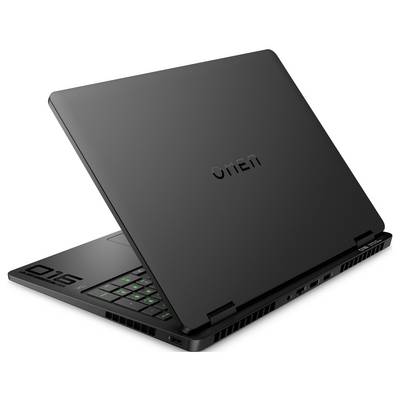 Ein schlanker schwarzer Gaming-Laptop, teilweise geöffnet, mit grün hinterleuchtetem Tastaturbereich. Das Markenlogo 'Omen' ist auf dem Deckel sichtbar.