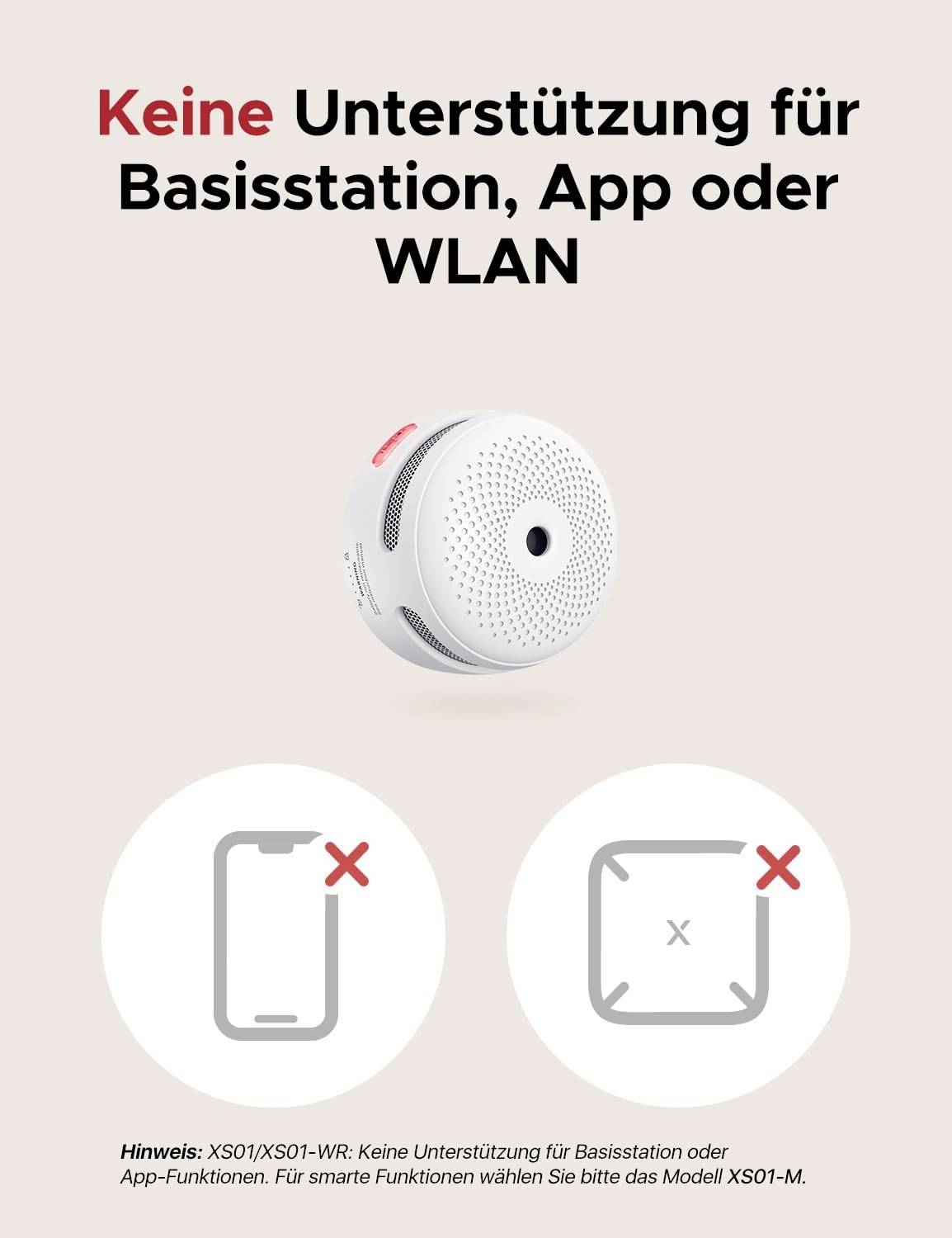 'Rauchmelder ohne Unterstützung für Basisstation, App oder WLAN. Hinweis: Modell XS01-WR benötigt keine App-Unterstützung.'