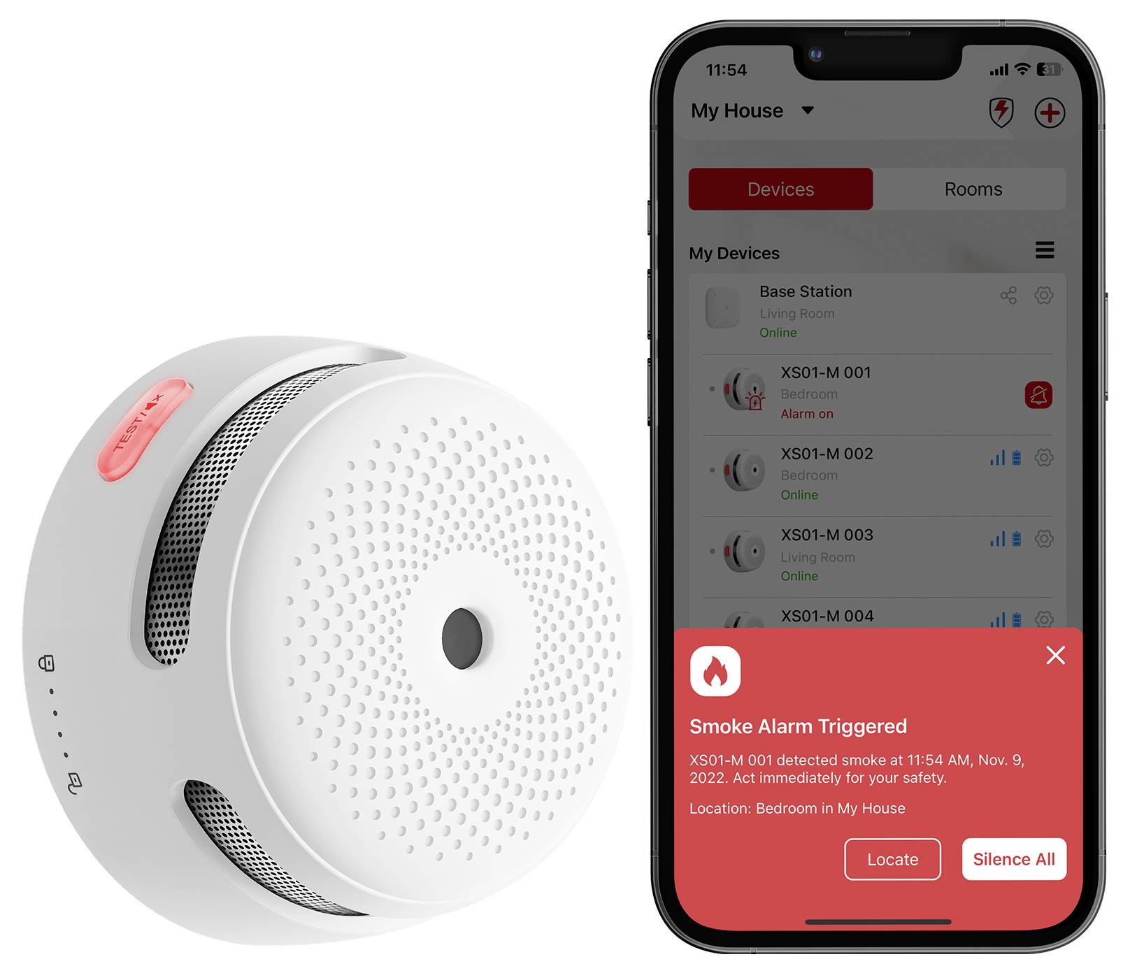 Eine Rauchmelder neben einem Smartphone-Bildschirm mit der Anzeige: 'Rauchmelder ausgelöst' mit Details zum Stummschalten oder Lokalisieren des Alarms.