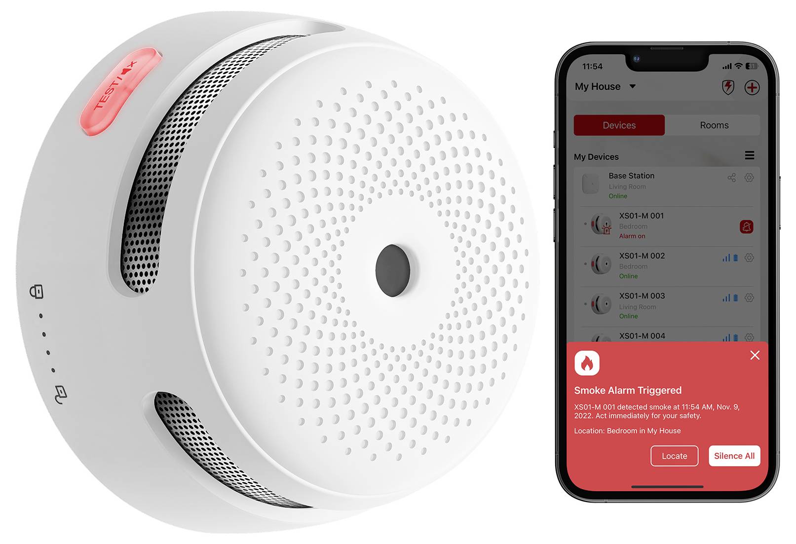 Weißer Rauchmelder mit roter Alarmleuchte. Telefonbildschirm zeigt eine Benachrichtigung: ‚Rauchalarmmeldung ausgelöst' mit Uhrzeit, Datum und Standortangaben.