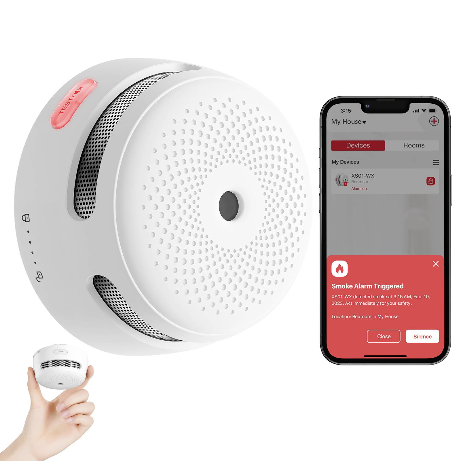 Ein Rauchmelder, der an einer Wand montiert ist, mit einem Smartphone, das eine Benachrichtigung "Rauchmelder ausgelöst" in der verbundenen App anzeigt.