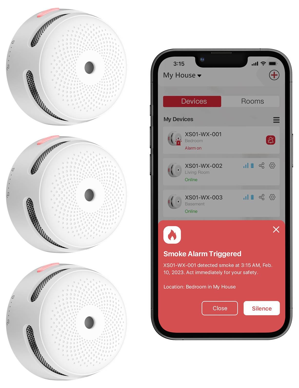 Stapel von drei Rauchmeldern neben einem Smartphone, das eine Benachrichtigung mit der Aufschrift "Rauchalarm ausgelöst" zeigt, inklusive Details und Optionen zum Schließen oder Stummschalten.