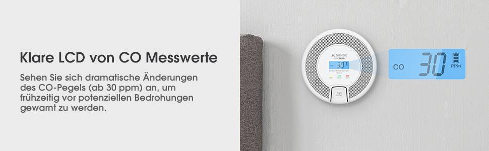 Ein CO-Melder zeigt auf einem blauen Display 'CO 30 ppm'. Text daneben: 'Klare LCD von CO Messwerte', warnt vor Bedrohungen.