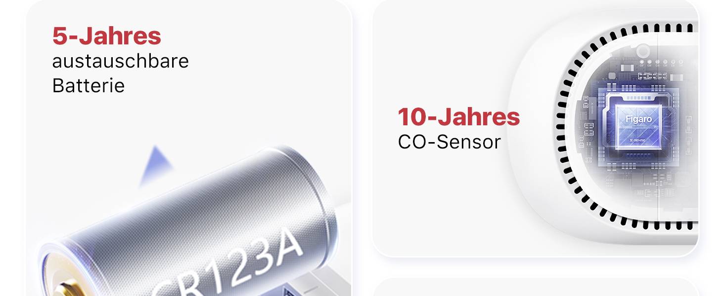 Der Bildausschnitt zeigt eine Batterie mit der Aufschrift '5-Jahres austauschbare Batterie' und ein CO-Sensor-Modul mit '10-Jahres CO-Sensor'.