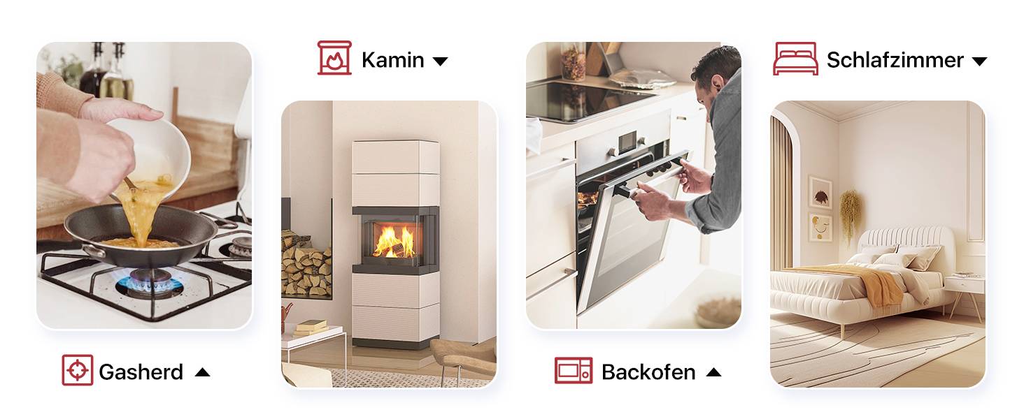 'Gaskocher: Eine Person giesst Flüssigkeit in eine Pfanne. Kamin: Moderner Kamin mit Holz gestapelt. Backofen: Person überprüft Essen im Ofen. Schlafzimmer: Modernes, gemütliches Zimmer.'
