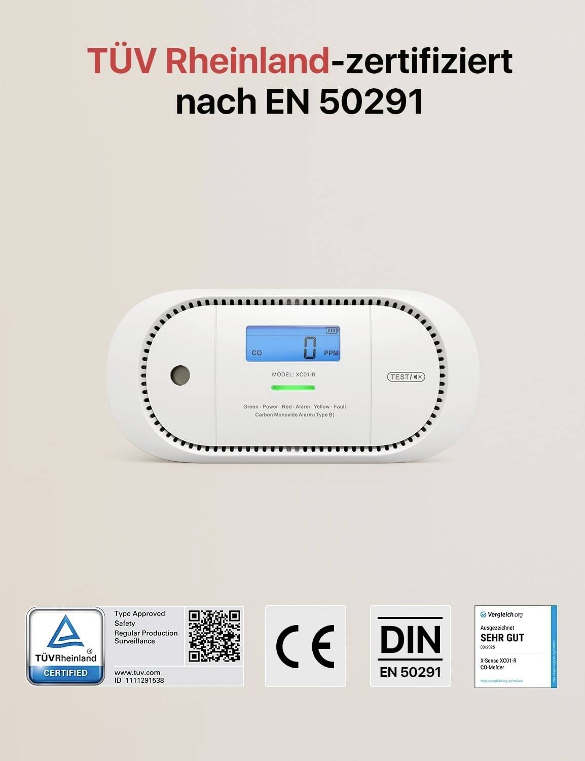 Ein CO-Melder von Hekatron, zertifiziert nach TÜV Rheinland und EN 50291. Zeigt Prüfzeichen für CE, DIN, und Stiftung Warentest-Bewertung.