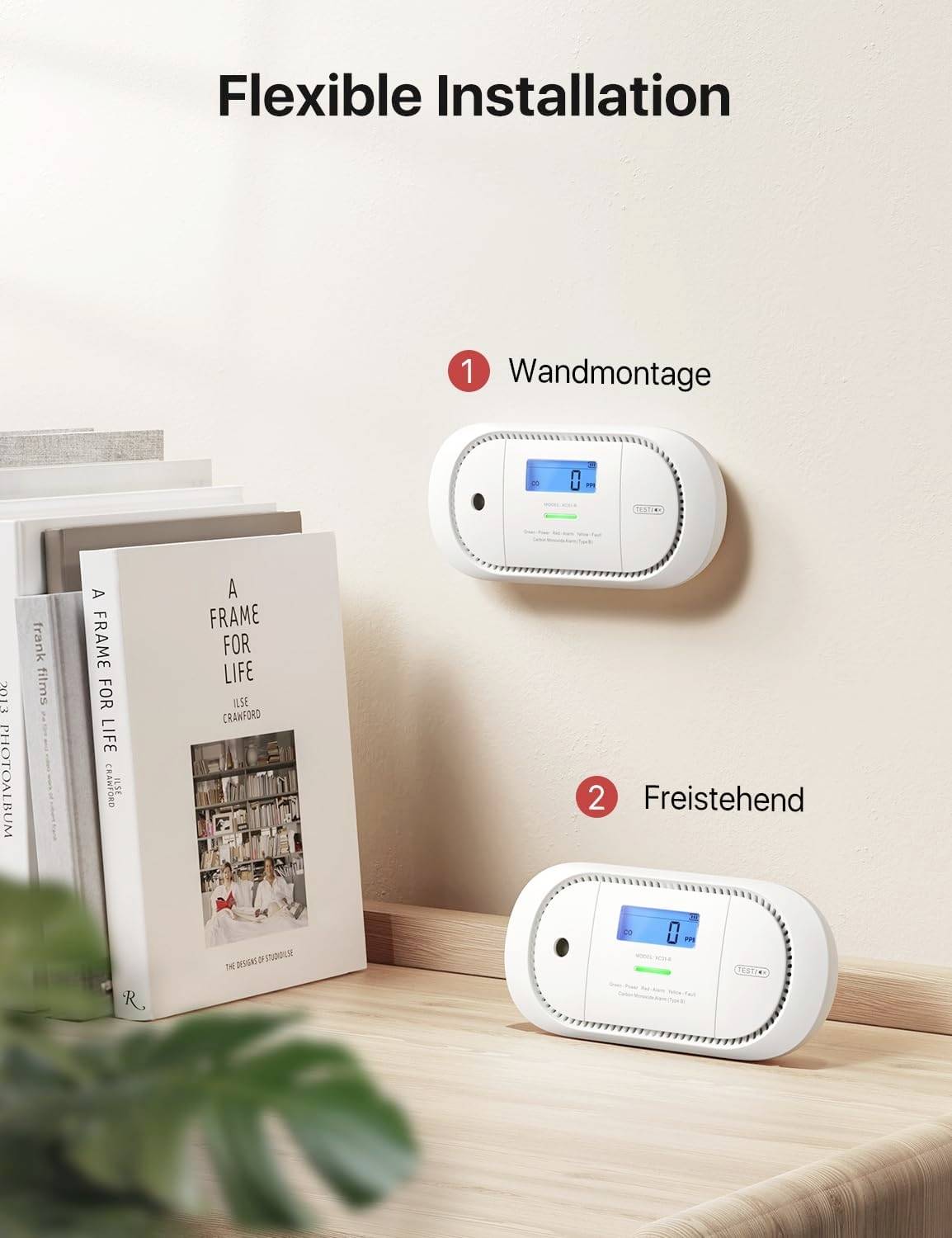 Die Abbildung zeigt zwei Thermostate mit Display. Einer ist an der Wand montiert, der andere steht frei. Text: 'Flexible Installation'.