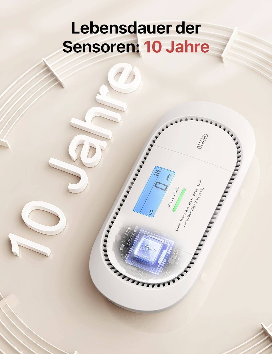 'Lebensdauer der Sensoren: 10 Jahre' steht neben einem Sensorgerät mit Digitalanzeige auf einem Hintergrund mit dem Schriftzug '10 Jahre'.