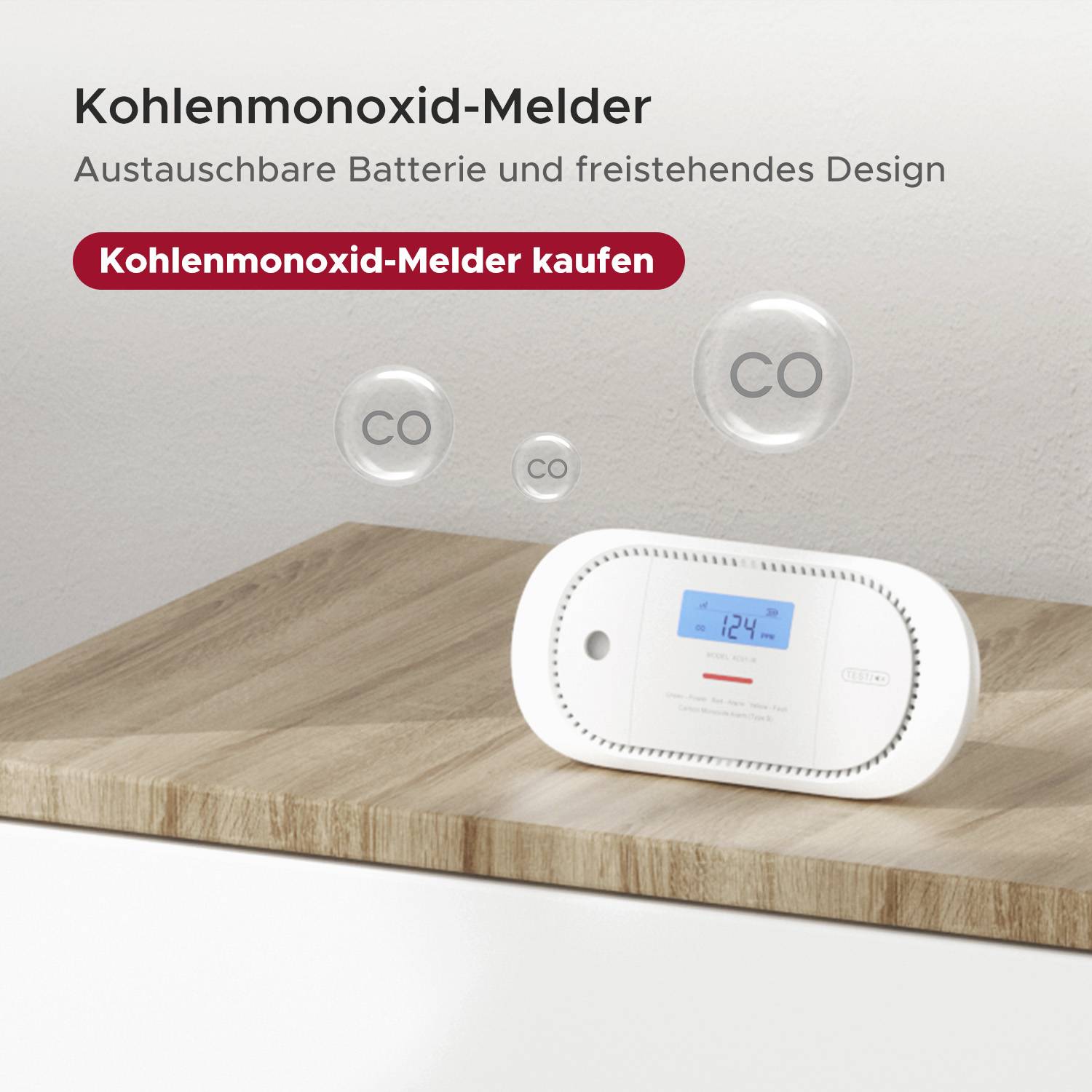 Kohlenmonoxid-Melder auf Holzplatte. Digitalanzeige zeigt '124'. Text: 'Austauschbare Batterie und freistehendes Design'.
