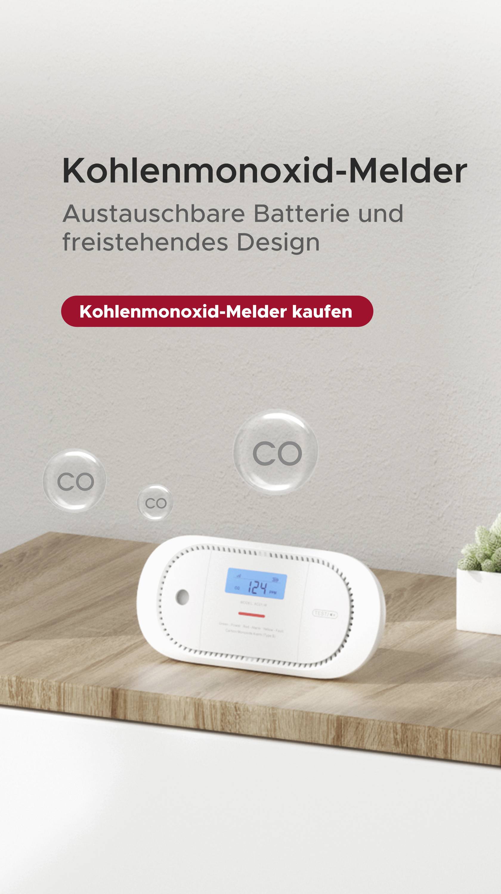 Kohlenmonoxid-Melder auf einem Tisch, mit austauschbarer Batterie und freistehendem Design. Textfeld: 'Kohlenmonoxid-Melder kaufen'.