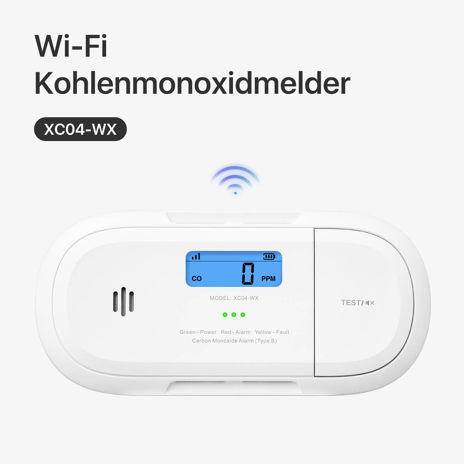 Ein weißer Kohlenmonoxidmelder mit digitaler Anzeige bei null. Überschrift: 'Wi-Fi Kohlenmonoxidmelder'. Modellnummer: 'XC04-WX'.