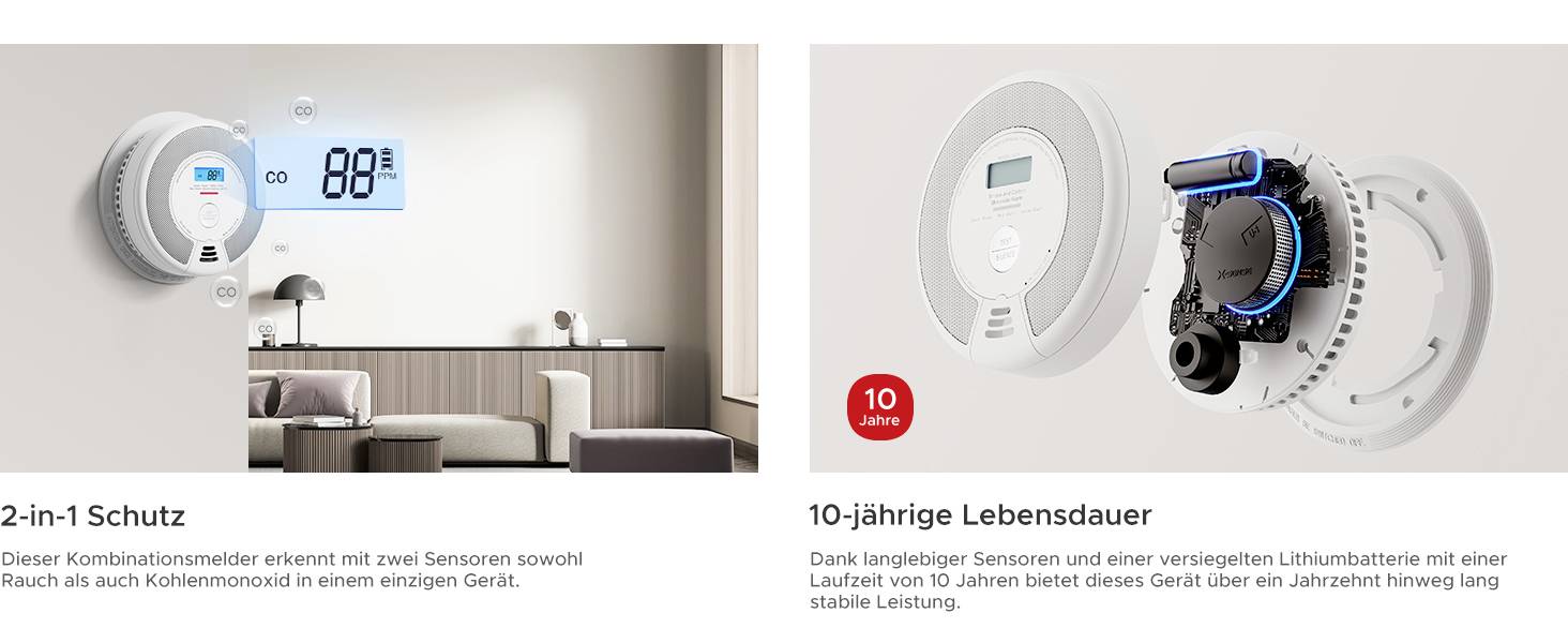 Kombinationsmelder links zeigt '2-in-1 Schutz', erkennt Rauch und Kohlenmonoxid. Rechts Hinweis: '10-jährige Lebensdauer' mit langer Batterielaufzeit.