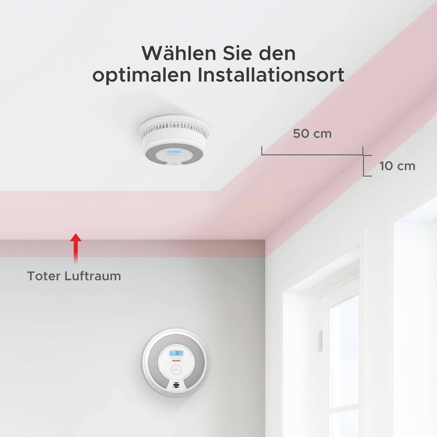 Rauchmelder-Installationsschema in einem Raum. Empfohlene Position: 50 cm von der Decke, 10 cm von der Wand entfernt, außerhalb des toten Luftraums.