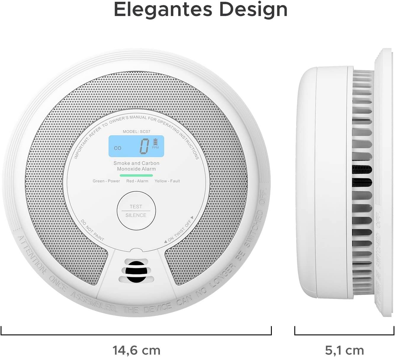 Ein Rauch- und Kohlenmonoxidmelder mit digitalem Display. Zeigt '0' CO, hat Test- und Stummschalttaste. Designmaße: 14,6 cm Durchmesser, 5,1 cm Tiefe.