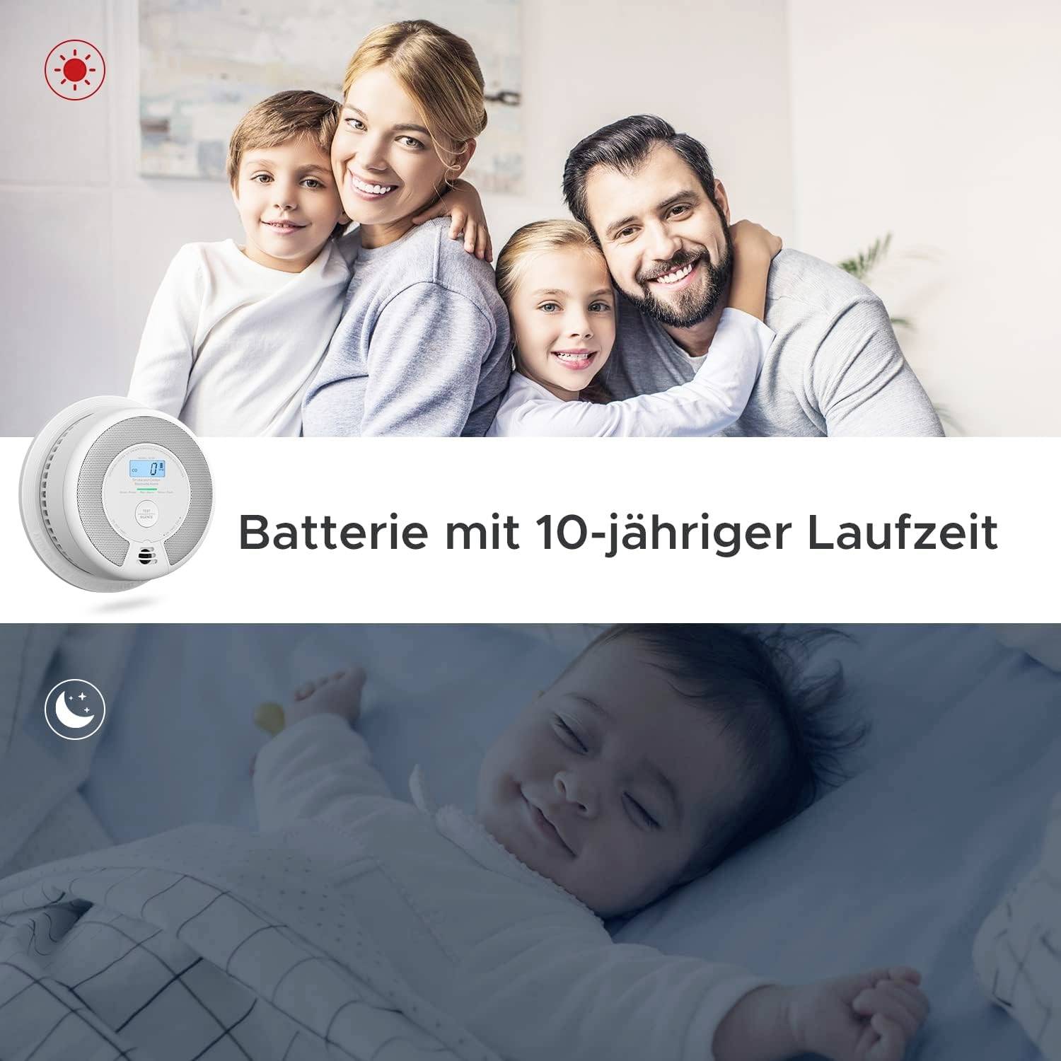 Familie sitzt zusammen auf einem Sofa; oben ein Rauchmelder mit der Aufschrift 'Batterie mit 10-jähriger Laufzeit', unten ein schlafendes Baby.