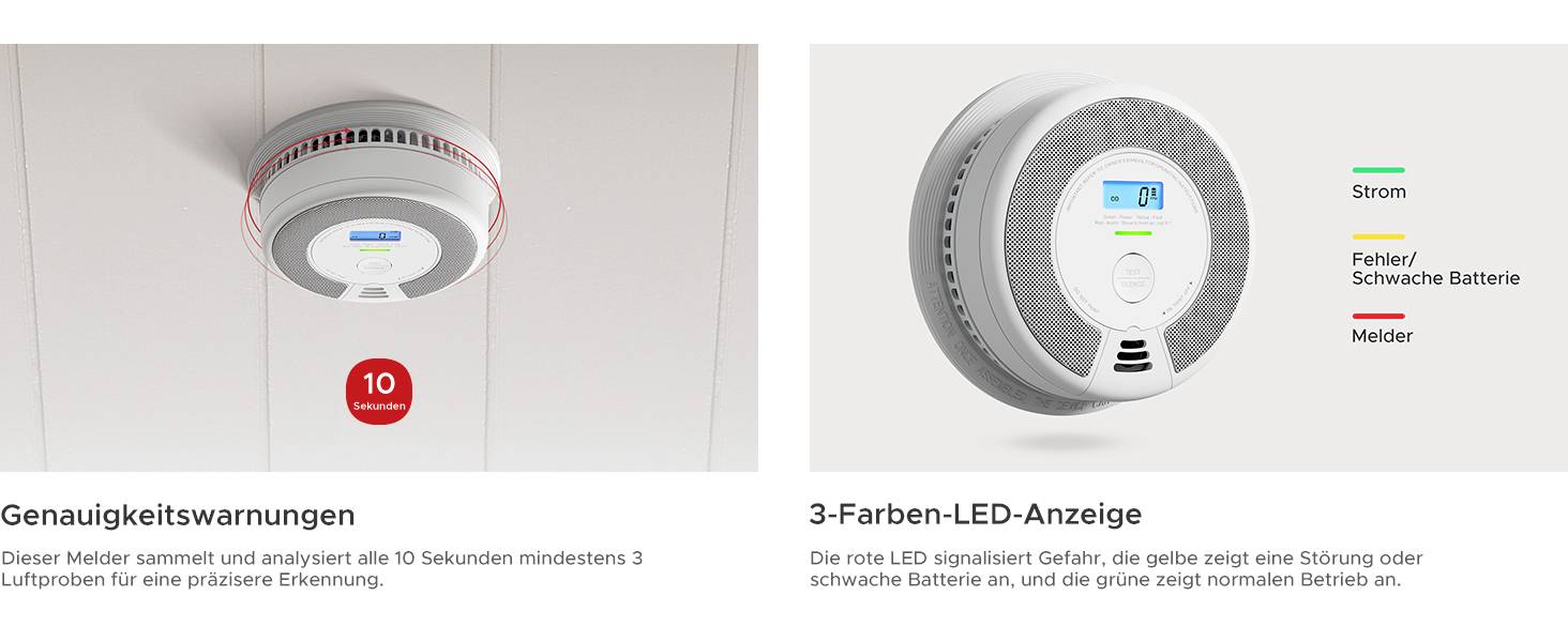 'Rauchmelder an der Decke; links: Meldungen zur Genauigkeit alle 10 Sekunden; rechts: 3-Farben-LED mit Anzeigen für Strom und Batterie.'