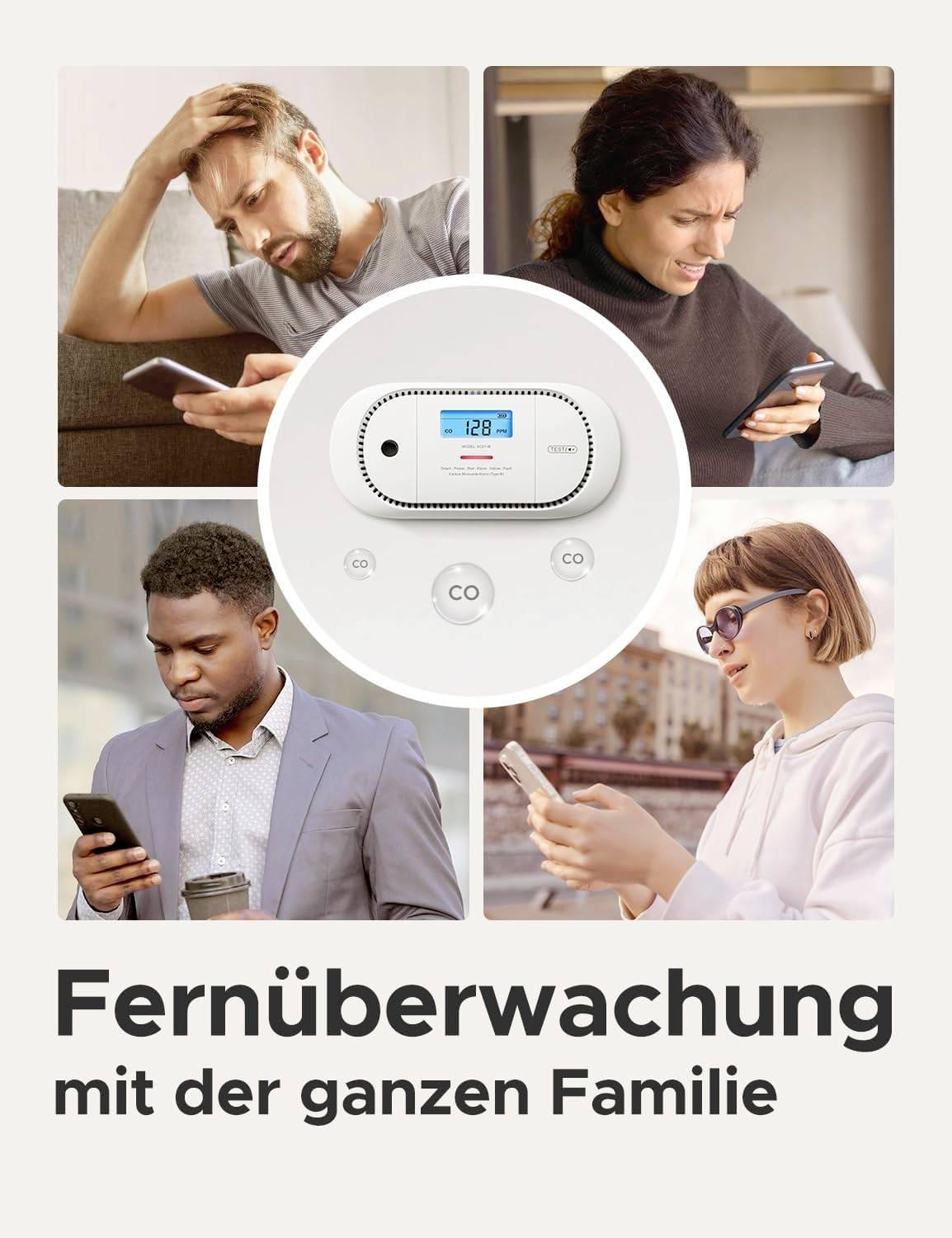 Vier Personen schauen auf Smartphones, mit einem Kohlenmonoxid-Detektor in der Mitte. Text: 'Fernüberwachung mit der ganzen Familie'.
