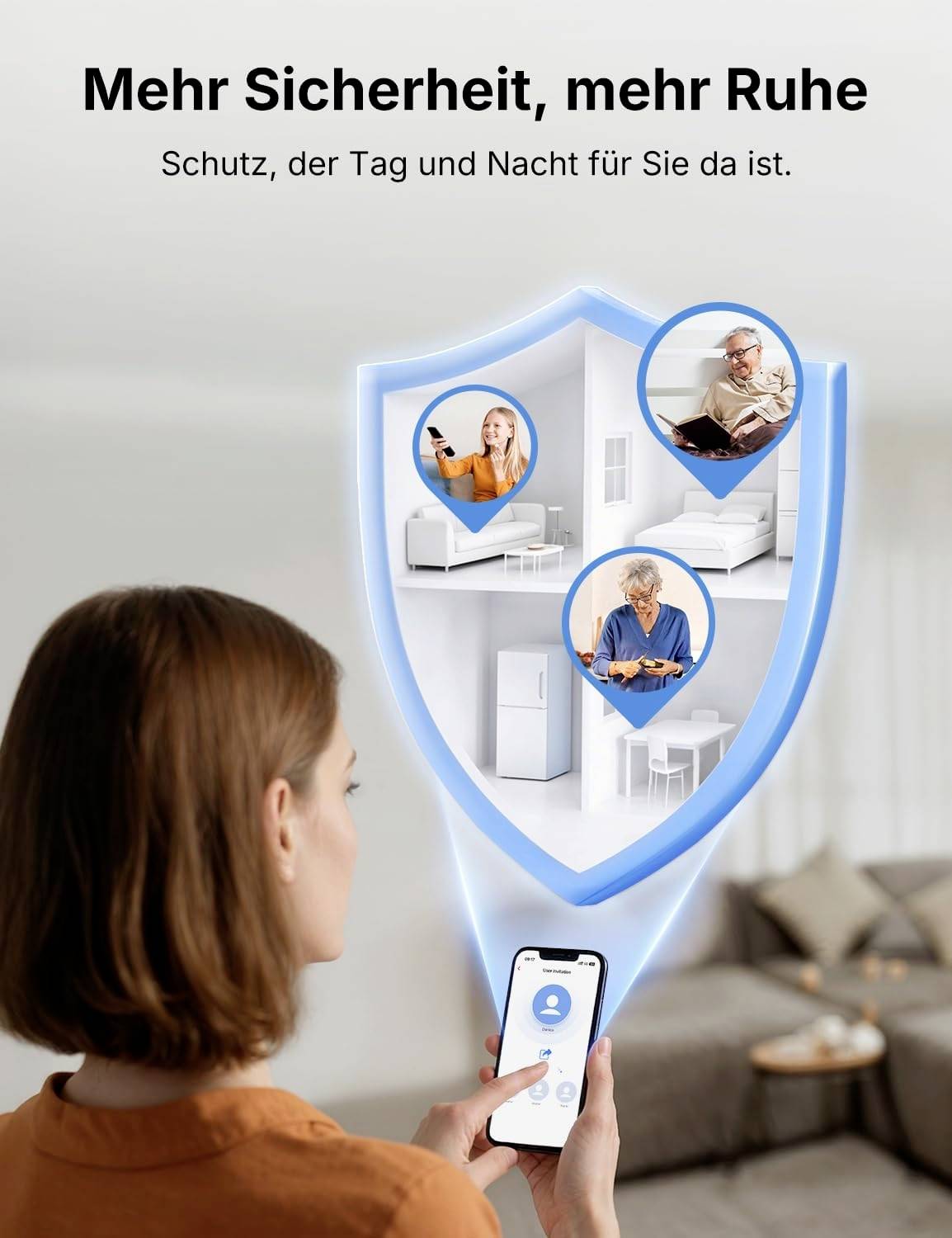 Eine Frau hält ein Smartphone mit einer Sicherheits-App. Ein leuchtendes Schildsymbol zeigt Familienmitglieder in einem sicheren Zuhause. Text: 'Mehr Sicherheit, mehr Ruhe'.