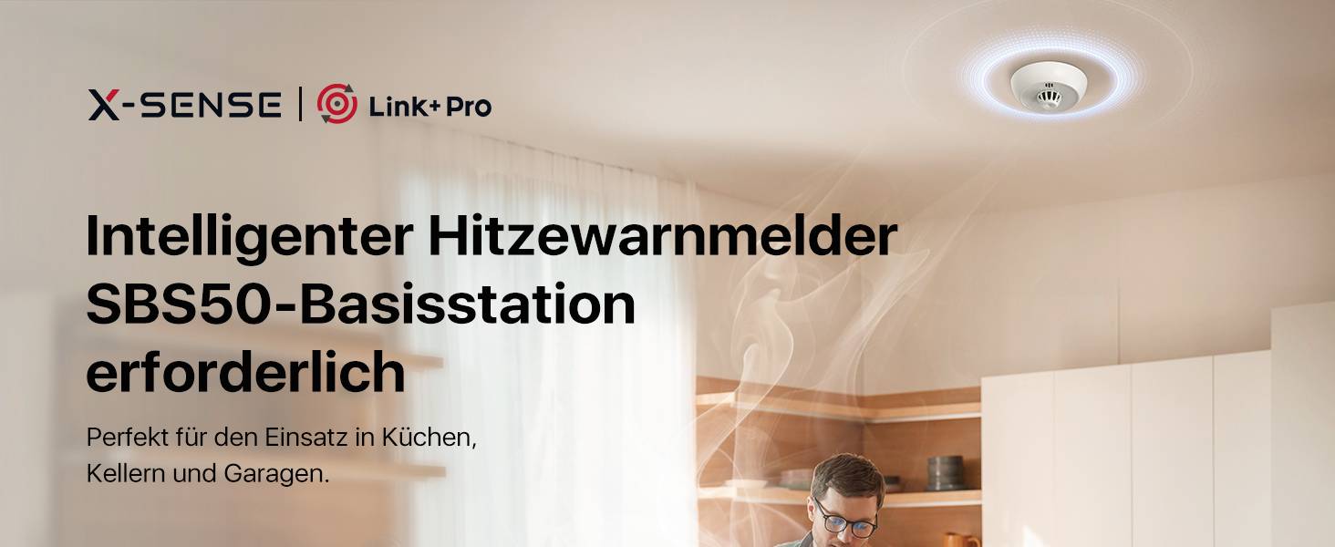 Intelligenter Hitzewarnmelder an der Decke. Text: 'Intelligenter Hitzewarnmelder SBS50-Basisstation erforderlich'. Verwendung in Küchen.