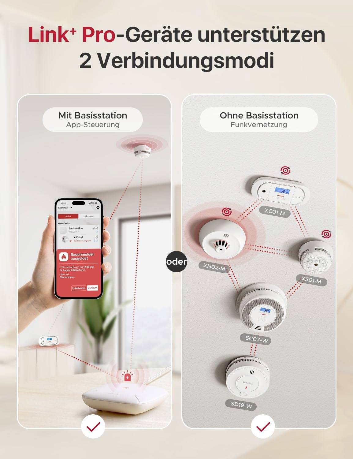 Link+ Pro-Geräte: 'Mit Basisstation' zeigt App-Steuerung, 'Ohne Basisstation' zeigt Funkvernetzung. Verbindungsmodi und Optionen.