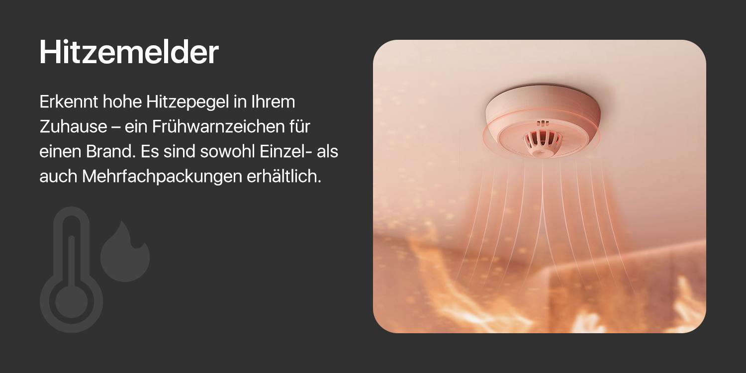 Hitzemelder erkennt hohe Hitzepegel für frühe Brandwarnung. Produkt in Einzel- und Mehrfachpackungen erhältlich.