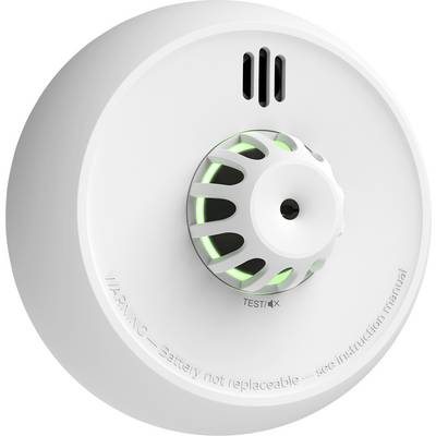 Rauchmelder mit Testtaste und grüner Statusanzeige. Warnhinweis weist darauf hin, dass die Batterie nicht austauschbar ist und verweist auf die Bedienungsanleitung.