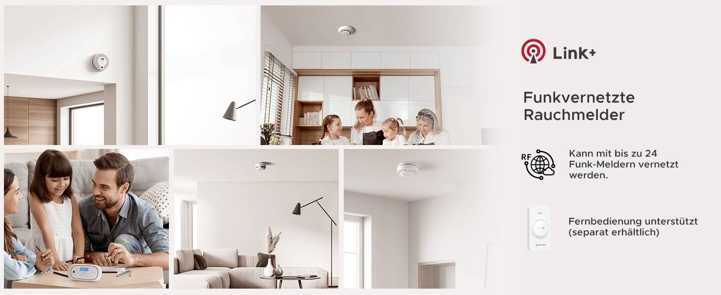 'Link+' funkgesteuerter Rauchmelder; Bild zeigt Einsatzszenarien: Familie am Tisch, Wohnzimmer, Rauchmelder an Decke. Unterstützt bis zu 24 Melder und Fernbedienung (separat erhältlich).
